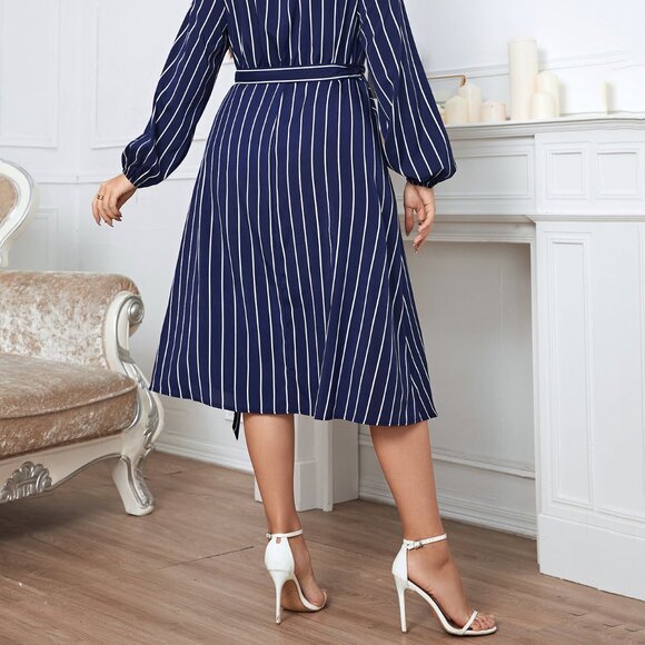 Melo Apparel Plus Size Striped Surplice Neck Long Sleeve Dress - Picture 7 of 7